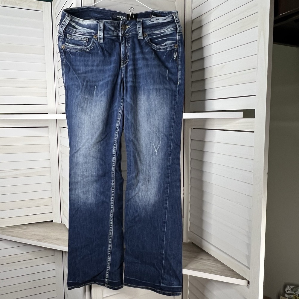Silver Jeans Suki Mid Slim Boot W31 L29.5‎ Blue Cute Distressing Stretch Denim